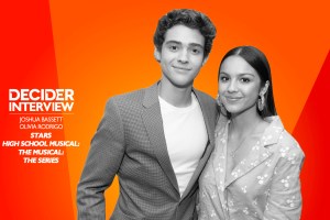 JOSHUA BASSETT OLIVIA RODRIGO in black and white on a bright orange background