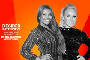 Margaret Josephs and Dolores Catania interview of RHONJ in black and white on a bright orange background