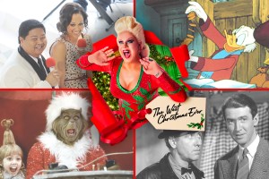 collage of Nina West, Mistle-Tones, Mickey's Christmas Carol, Grinch, Wonderful Life