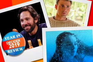 collage of Booksmart pool scene Chris Evans sweater in Knives Out Paul Rudd on "Hot Ones"