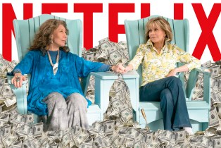 grace and Frankie on a pile o money