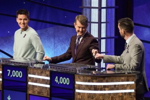 James Holzhauer, Ken Jennings, and Brad Rutter in Jeopardy GOAT