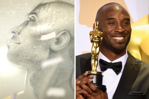 Side-by-side of Dear Basketball and Kobe Bryant winning the Oscar for the short film