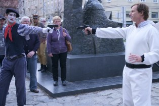 Rob Huebel squaring off against a mime