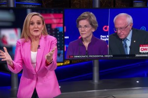 Samantha Bee next to a split screen of Elizabeth Warren and Bernie Sanders