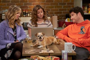 Abby Elliot, Jessy Hodges, and Adam Pally in Indebted