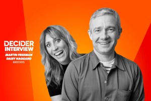Martin Freeman and Daisy Haggard in black and white on a bright orange background