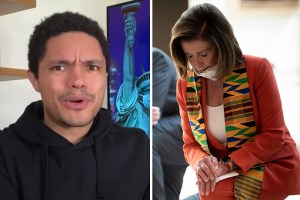 Trevor Noah on The Daily Show; Nancy Pelosi kneels in kente cloth