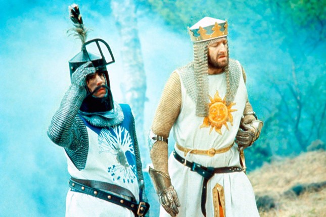 MONTY PYTHON AND THE HOLY GRAIL, from left: Terry Jones, Graham Chapman as King Arthur, 1975