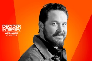 Cole Hauser in black and white on a bright orange background