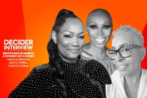 Garcelle Beauvais, Leslie D. Farrell, and Dorothy Toran in black and white on a bright orange background