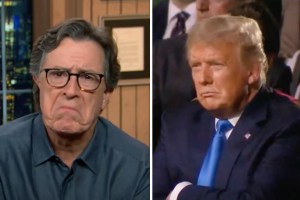 Stephen Colbert on The Late Show; Donald Trump watches Melania's 2020 RNC speech