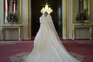 Princess Diana's wedding dress from behind in The Crown S4 teaser