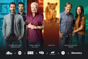 discovery+ collage of Property Brothers, Guy Fieri, Serengeti, and Chip and Joanna Gaines