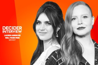 Lauren Ambrose and Nell Tiger Free in black and white on a bright orange background