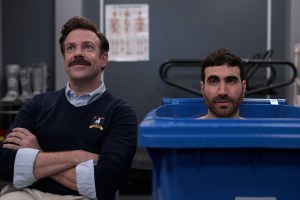 Jason Sudeikis as Ted Lasso and Brett Goldstein as Roy Kent in Ted Lasso