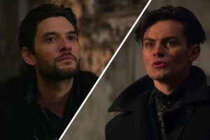 Slanted side-by-side of the Darkling (Ben Barnes) and Kaz (Freddy Carter) facing each other in Shadow and Bone