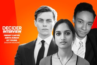 Freddy Carter, Amita Suman, and Kit Young in black and white on a bright orange background