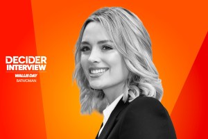 Wallis Day in black and white on a bright orange background