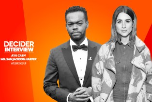 Aya Cash and William Jackson Harper in black and white on a bright orange background