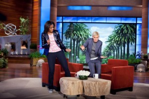 First Lady Michelle Obama and Ellen DeGeneres dance during a taping of 'The Ellen DeGeneres Show'. They were marking the second anniversary of the First Lady's 'Let’s Move!' initiative, in Burbank, Calif., Feb. 1, 2012. (BSLOC_2015_3_115)