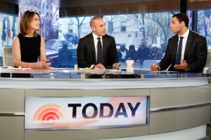 THE TODAY SHOW, (from left): Savannah Guthrie, Matt Lauer, A.J. Clemente, (aired April 24, 2013), 1952-. photo: Peter Kramer / © NBC / courtesy Everett Collection