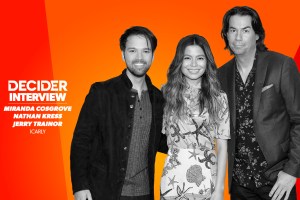 Miranda Cosgrove, Nathan Kress, and Jerry Trainor in black and white on a bright orange background
