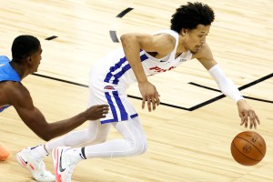 Cade Cunningham #2 of the Detroit Pistons grabs a loose ball against the Oklahoma City Thunder during the 2021 NBA Summer League at the Thomas & Mack Center on August 8, 2021 in Las Vegas, Nevada.