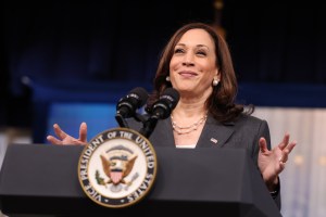 WASHINGTON, DC - JULY 27: U.S. Vice President Kamala Harris gestures as she delivers remarks in the South Court Auditorium in the Eisenhower Executive Office Building on July 27, 2021 in Washington, DC. Harris addressed the National Bar Association virtually and stressed the importance of voting rights legislation. (Photo by Anna Moneymaker/Getty Images)