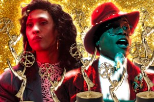 Mj Rodriguez and Billy Porter from Pose surrounded by Emmys