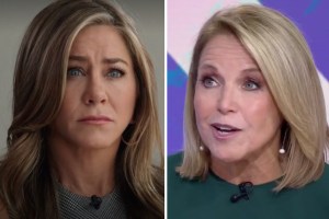 Side-by-side of Jennifer Aniston on The Morning Show and Katie Couric on The Today SHow