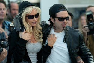 Lily James as Pam Anderson and Sebastian Stan as Tommy Lee in Hulu's Pam & Tommy