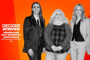 SURANNE JONES, SALLY WAINWRIGHT, SOPHIE RUNDLE in black and white in front of a bright orange background