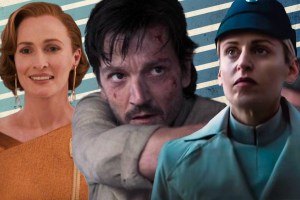 Composite image of Genevieve O'Reilly, Diego Luna, and Denise Gough in Andor