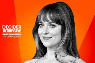 Dakota Johnson in black and white in front of a bright orange background