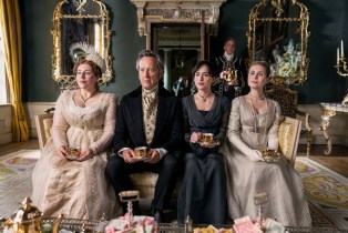 Persuasion. (L to R) Lydia Rose Bewley as Penelope Clay, Richard E. Grant as Sir Walter Elliot, Dakota Johnson as Anne Elliot, Yolanda Kettle as Elizabeth Elliot in Persuasion.