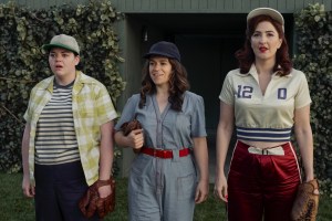 Jo (Melanie Field), Carson (Abbi Jacobson), and Greta (D'Arcy Carden) in A League of Their Own