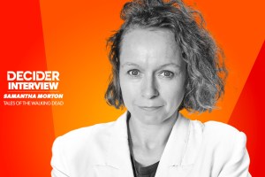 Samantha Morton in black and white on a bright orange background