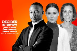 Jessie T. Usher, Loan Chabanol, Embeth Davidtz in black and white on a bright orange background