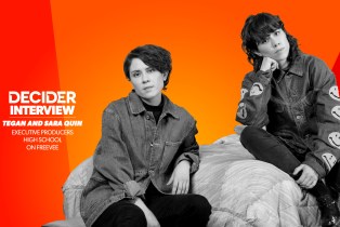 TEGAN AND SARA QUIN in black and white on a bright orange background