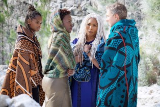 BLACK PANTHER, from left: Letitia Wright, Lupita Nyong'o, Angela Bassett, Martin Freeman, 2018. ph: Matt Kennedy /© Marvel / © Walt Disney Studios Motion Pictures /Courtesy Everett Collection