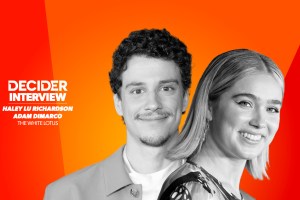 Haley Lu Richardson and Adam DiMarco in black and white on a bright orange background