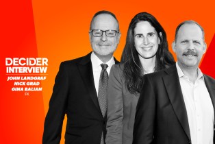 FX heads John Landgraf, Nick Grad, and Gina Balian in black and white on a bright orange background