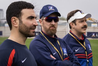 From L: Roy Kent (Brett Goldstein), Coach Beard (Brendan Hunt), and Ted Lasso (Jason Sudeikis) in 'Ted Lasso' Season 3