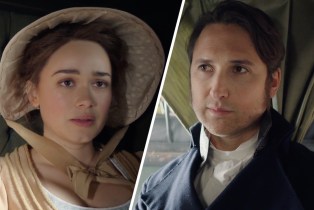 Slanted side-by-side image of Charlotte and Colbourne in a carriage in 'Sanditon' Season 3 Episode 5
