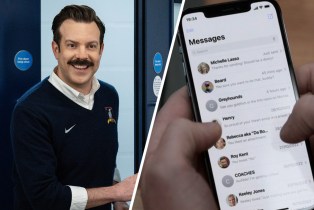 Jason Sudeikis as Ted Lasso beside a shot of his hands texting on an iPhone