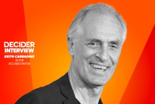 KEITH CARRADINE in black and white on a bright orange background