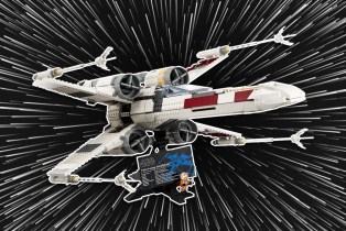 x-wing starfighter lego with hyperspace background