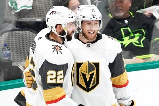 DALLAS, TEXAS - MAY 29: Michael Amadio #22 of the Vegas Golden Knights is congratulated by William Karlsson #71 after scoring a goal against the Dallas Stars during the third period in Game Six of the Western Conference Final of the 2023 Stanley Cup Playoffs at American Airlines Center on May 29, 2023 in Dallas, Texas.