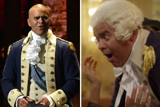 Side-by-side of Chris Jackson as Washington in Hamilton and dressed as Washington in And Just Like That sex scene